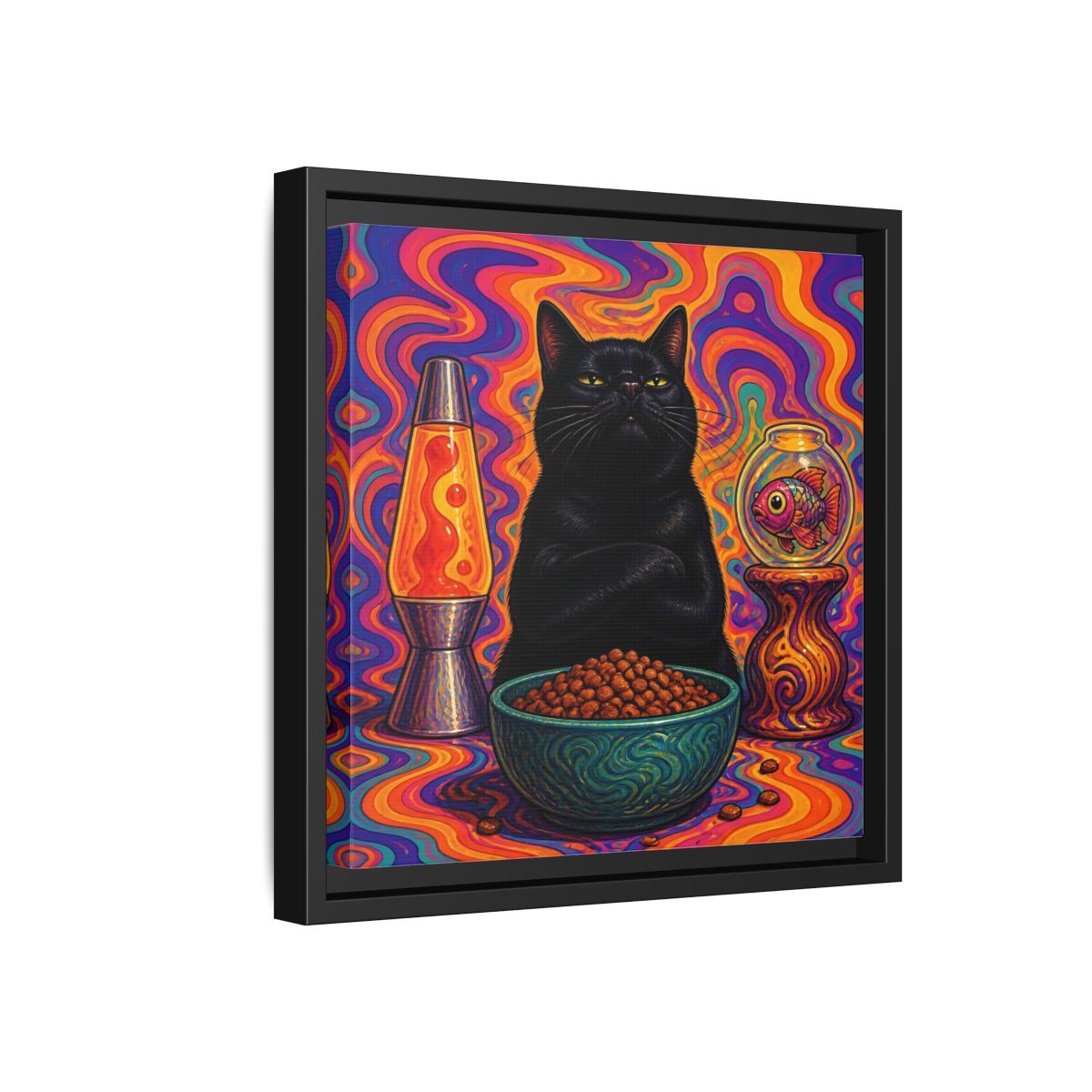 Side Mockup 18. Psychedelic Black Cat shown as framed canvas print