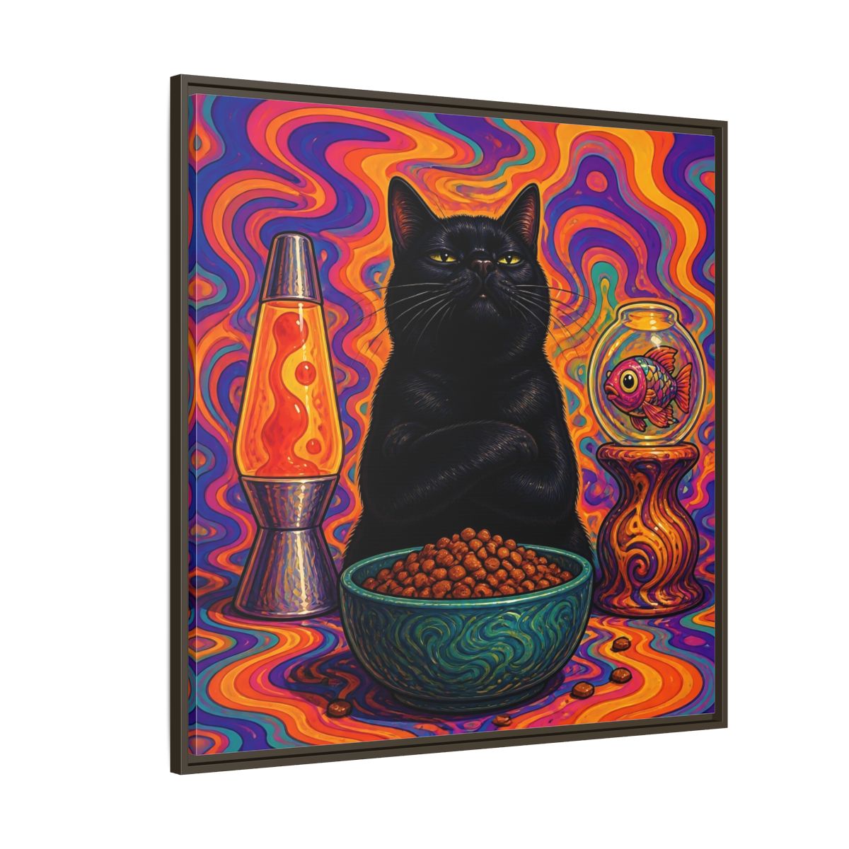 Side Mockup 5. Psychedelic Black Cat shown as framed canvas print