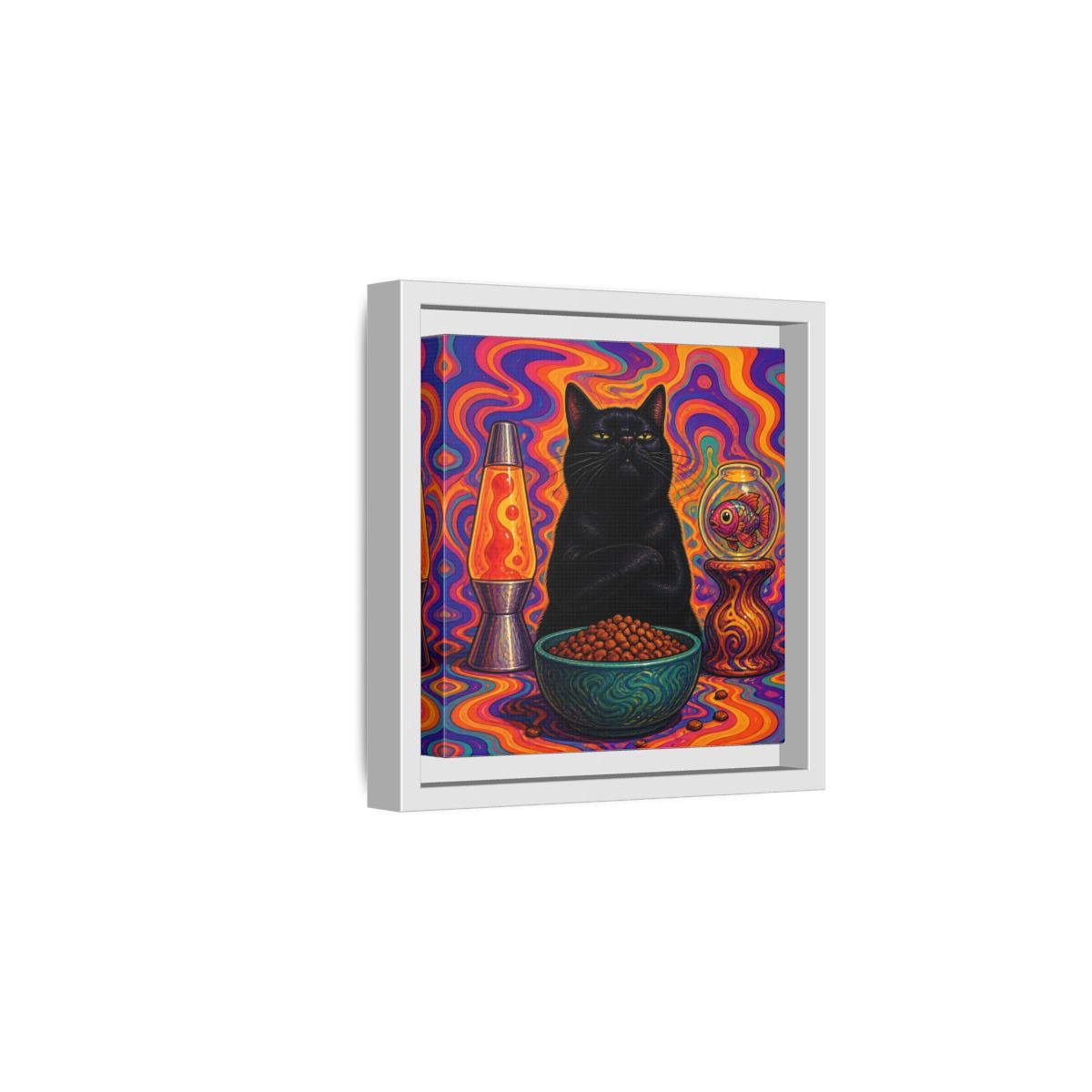 Side Mockup 1. Psychedelic Black Cat shown as framed canvas print