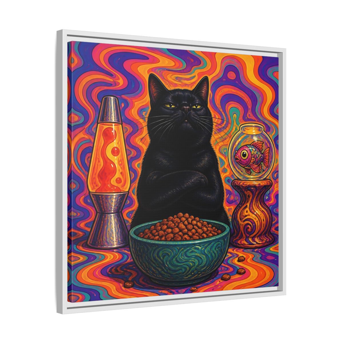 Side Mockup 26. Psychedelic Black Cat shown as framed canvas print