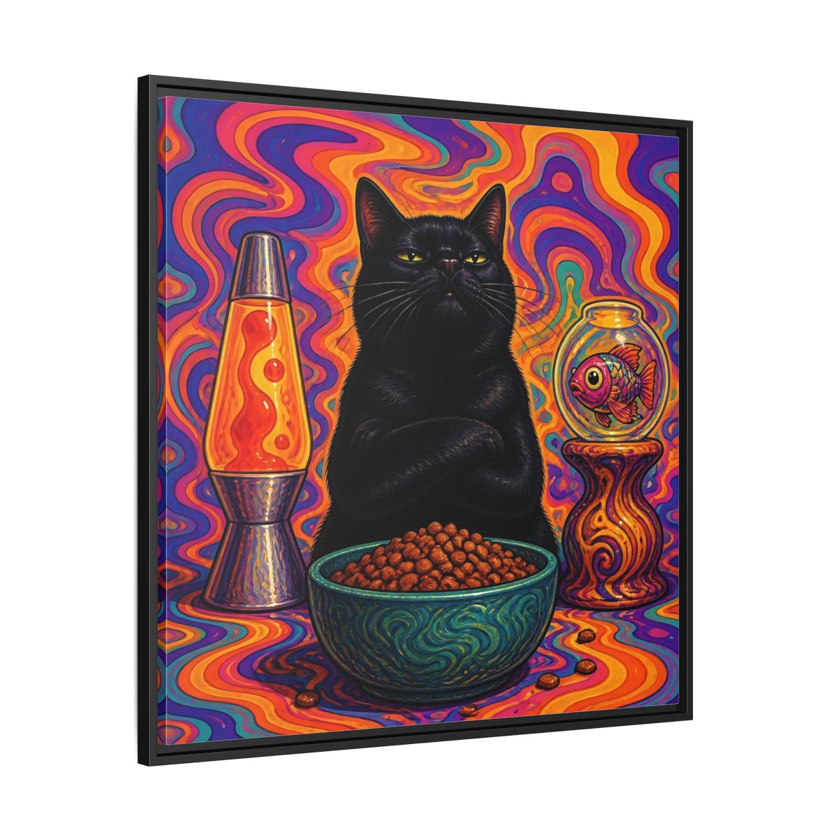 Side Mockup 30. Psychedelic Black Cat shown as framed canvas print