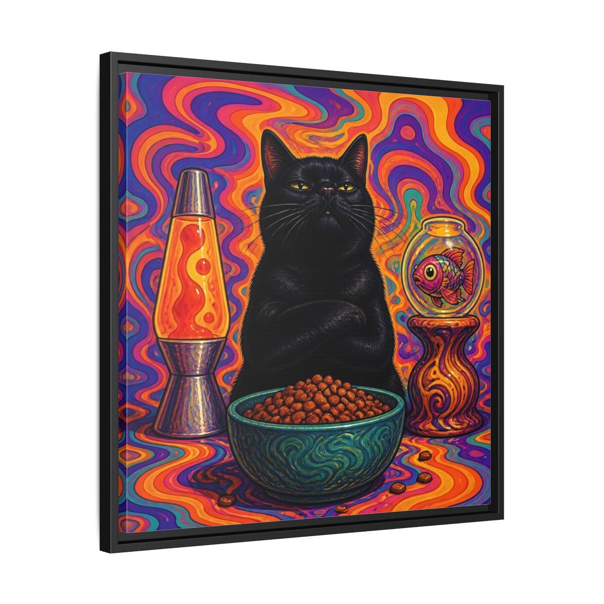 Side Mockup 31. Psychedelic Black Cat shown as framed canvas print