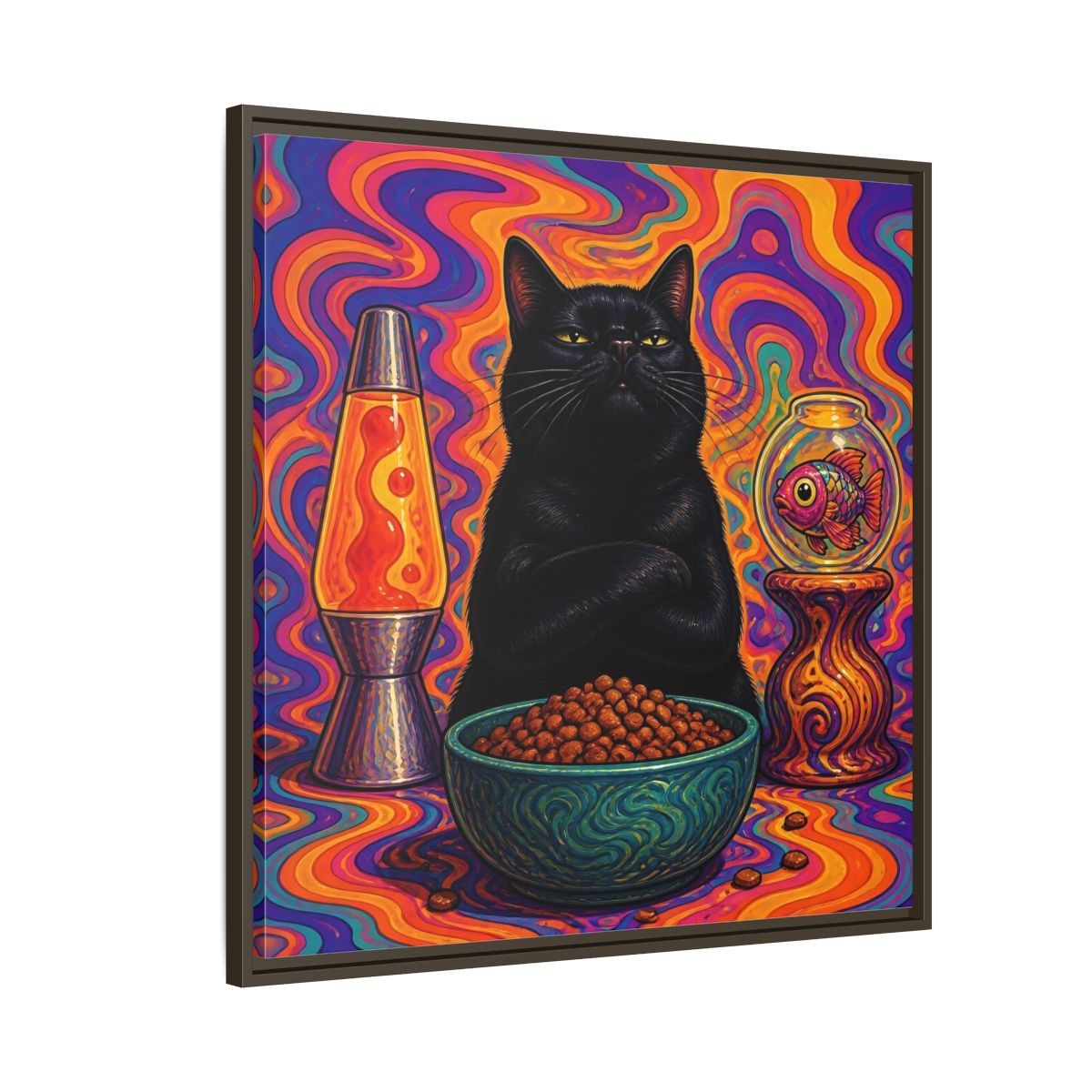 Side Mockup 8. Psychedelic Black Cat shown as framed canvas print
