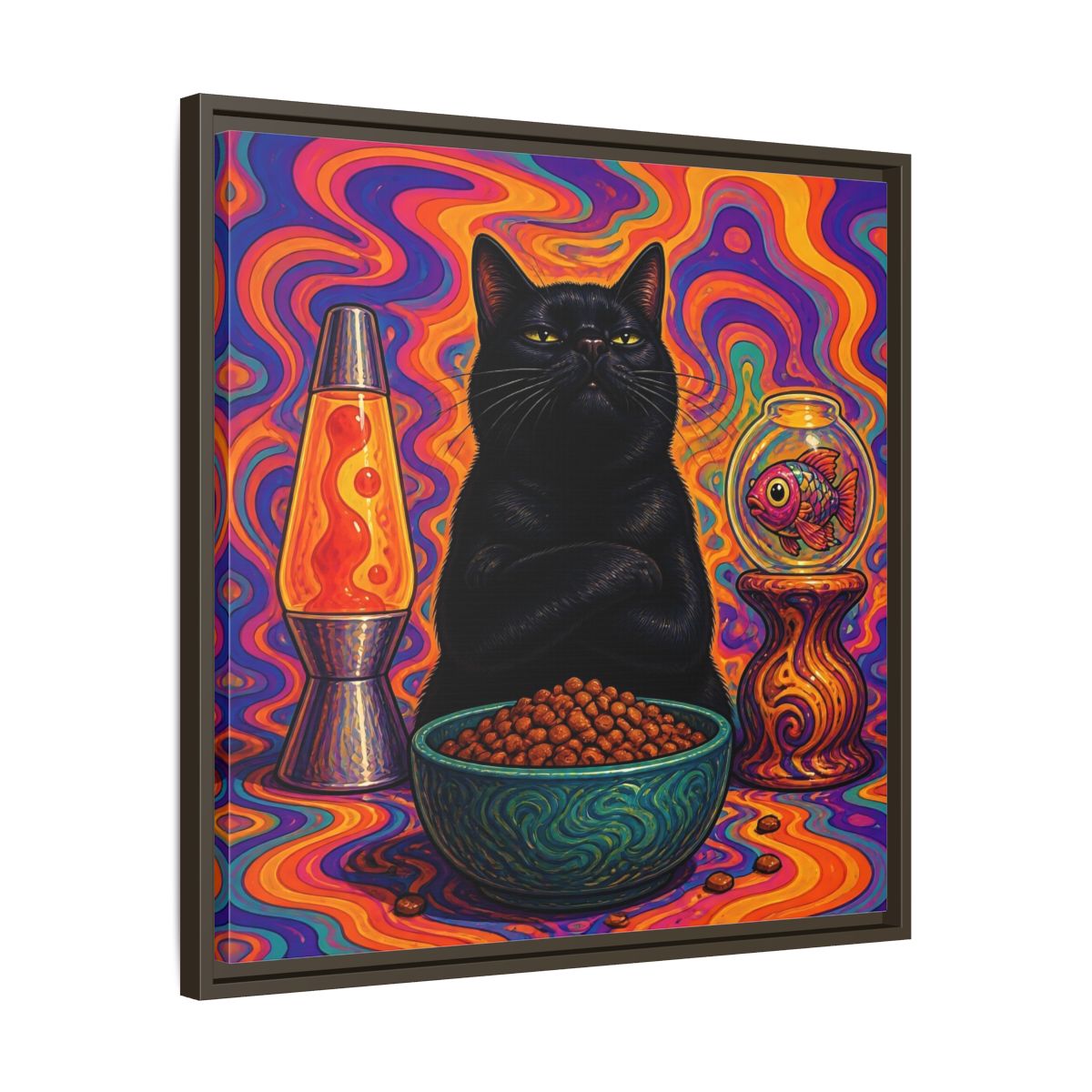Side Mockup 27. Psychedelic Black Cat shown as framed canvas print