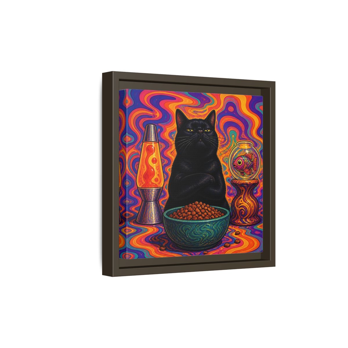 Side Mockup 20. Psychedelic Black Cat shown as framed canvas print