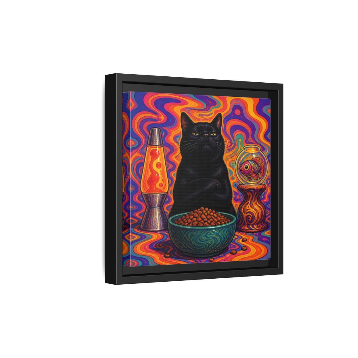 Side Mockup 21. Psychedelic Black Cat shown as framed canvas print