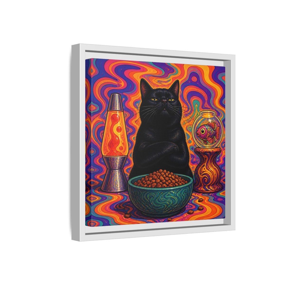 Side Mockup 16. Psychedelic Black Cat shown as framed canvas print