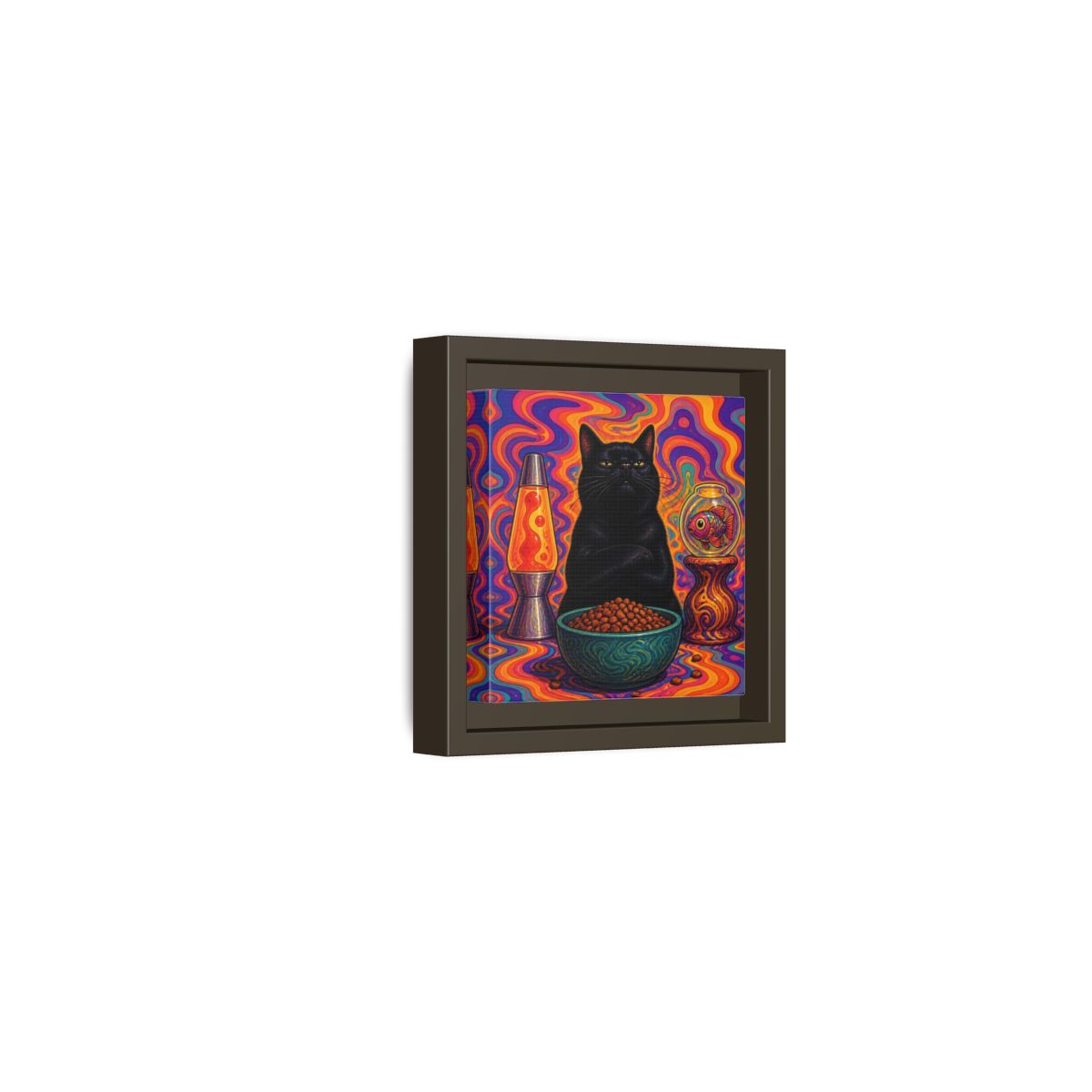 Side Mockup 23. Psychedelic Black Cat shown as framed canvas print