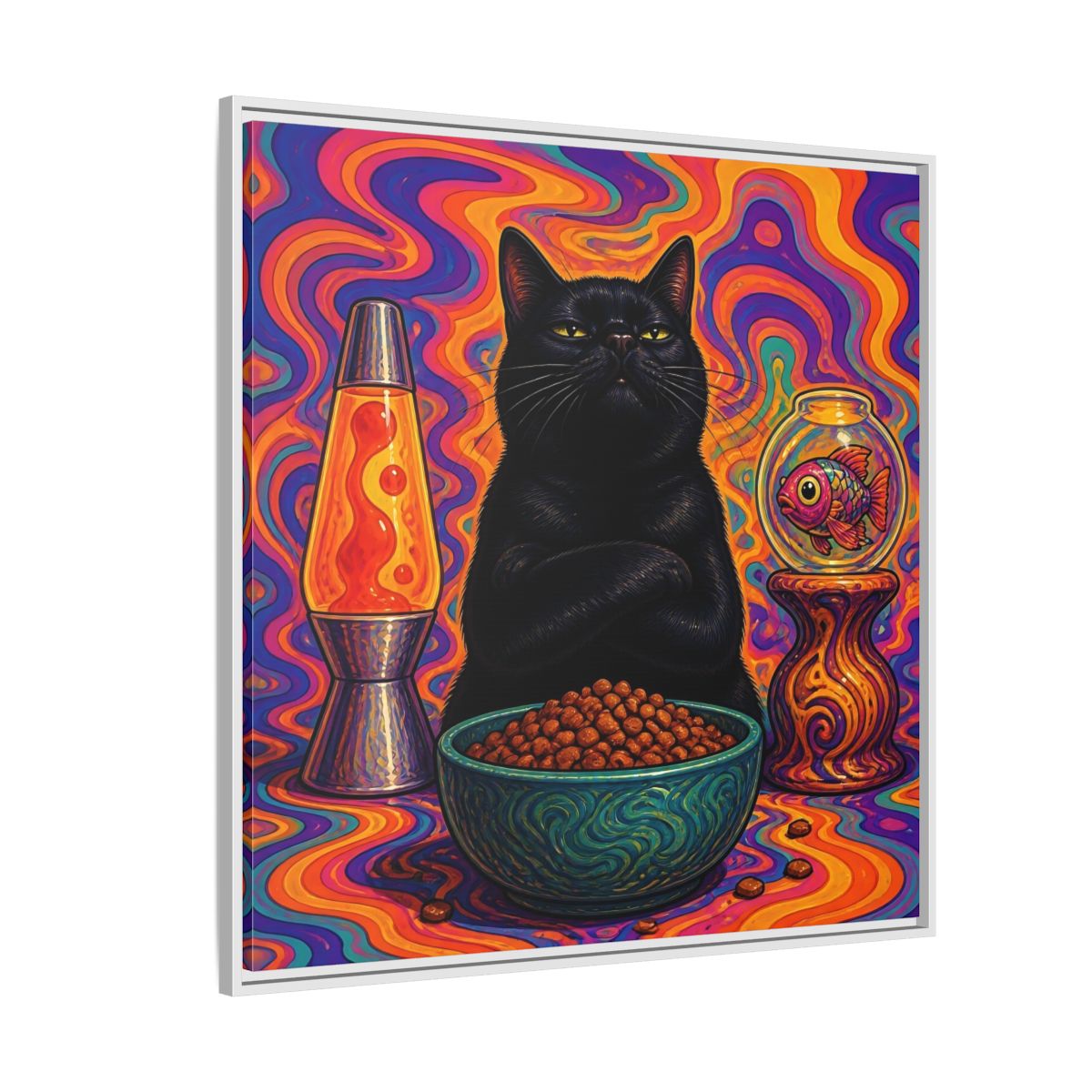 Side Mockup 4. Psychedelic Black Cat shown as framed canvas print