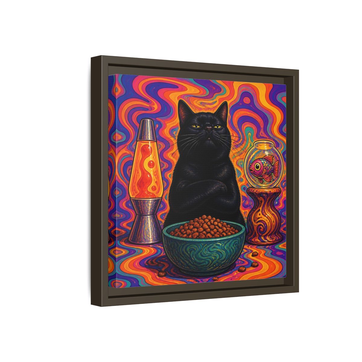 Side Mockup 17. Psychedelic Black Cat shown as framed canvas print
