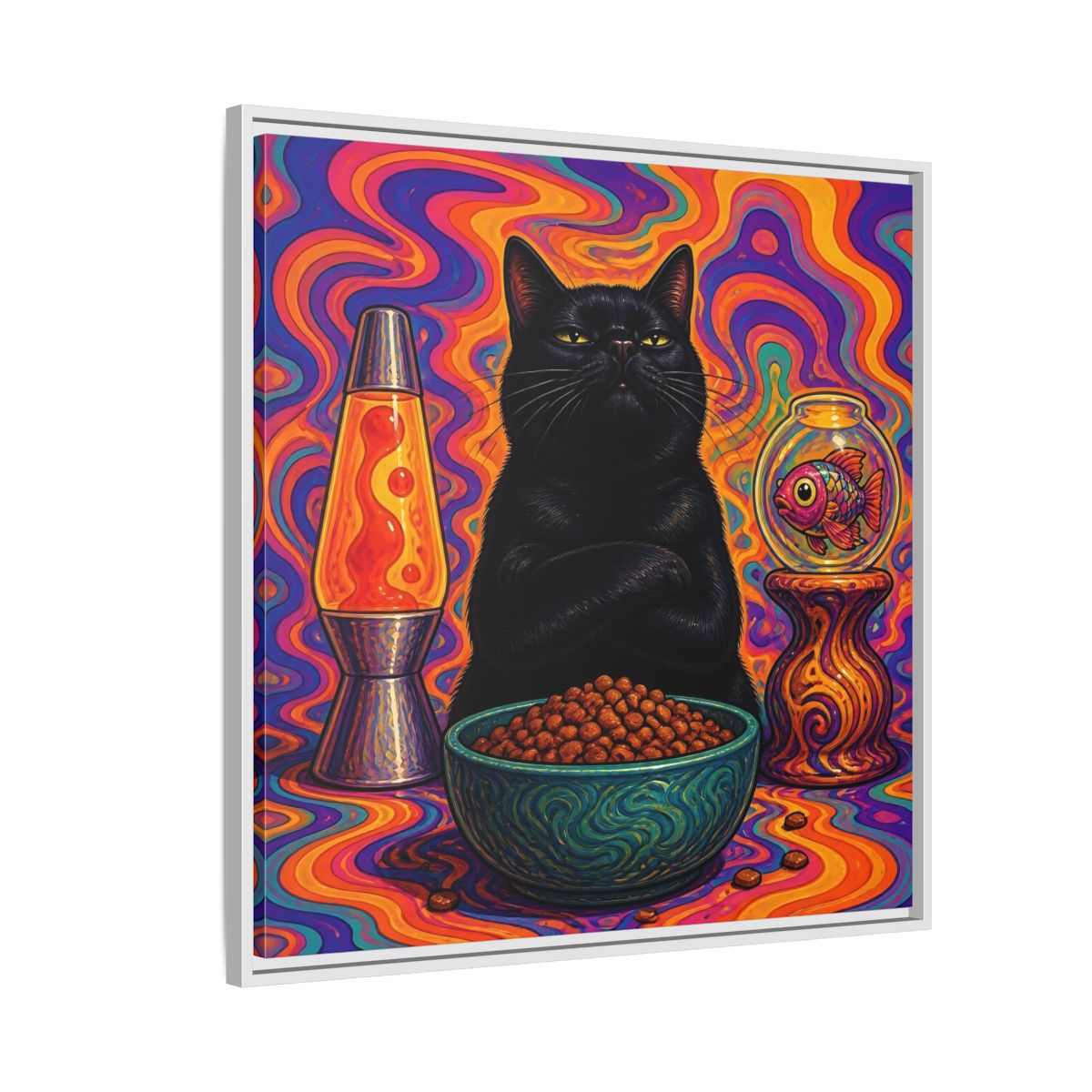 Side Mockup 7. Psychedelic Black Cat shown as framed canvas print
