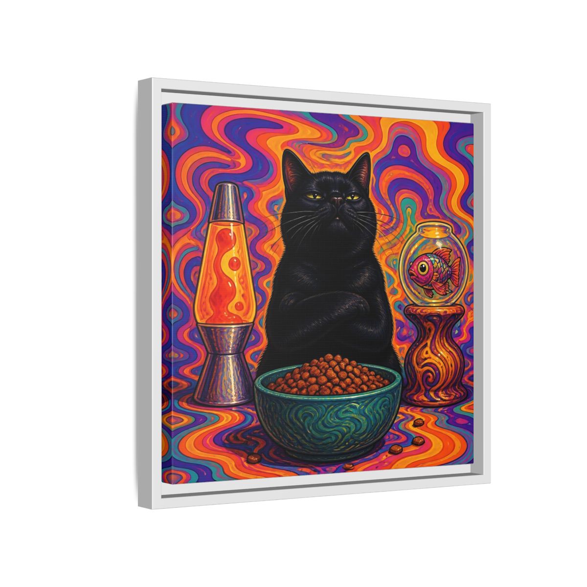 Side Mockup 13. Psychedelic Black Cat shown as framed canvas print
