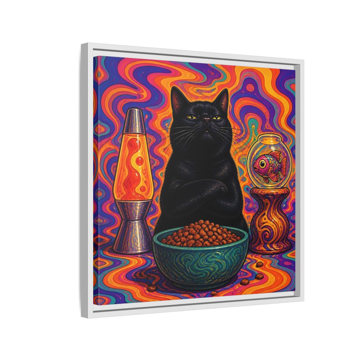 Side Mockup 10. Psychedelic Black Cat shown as framed canvas print
