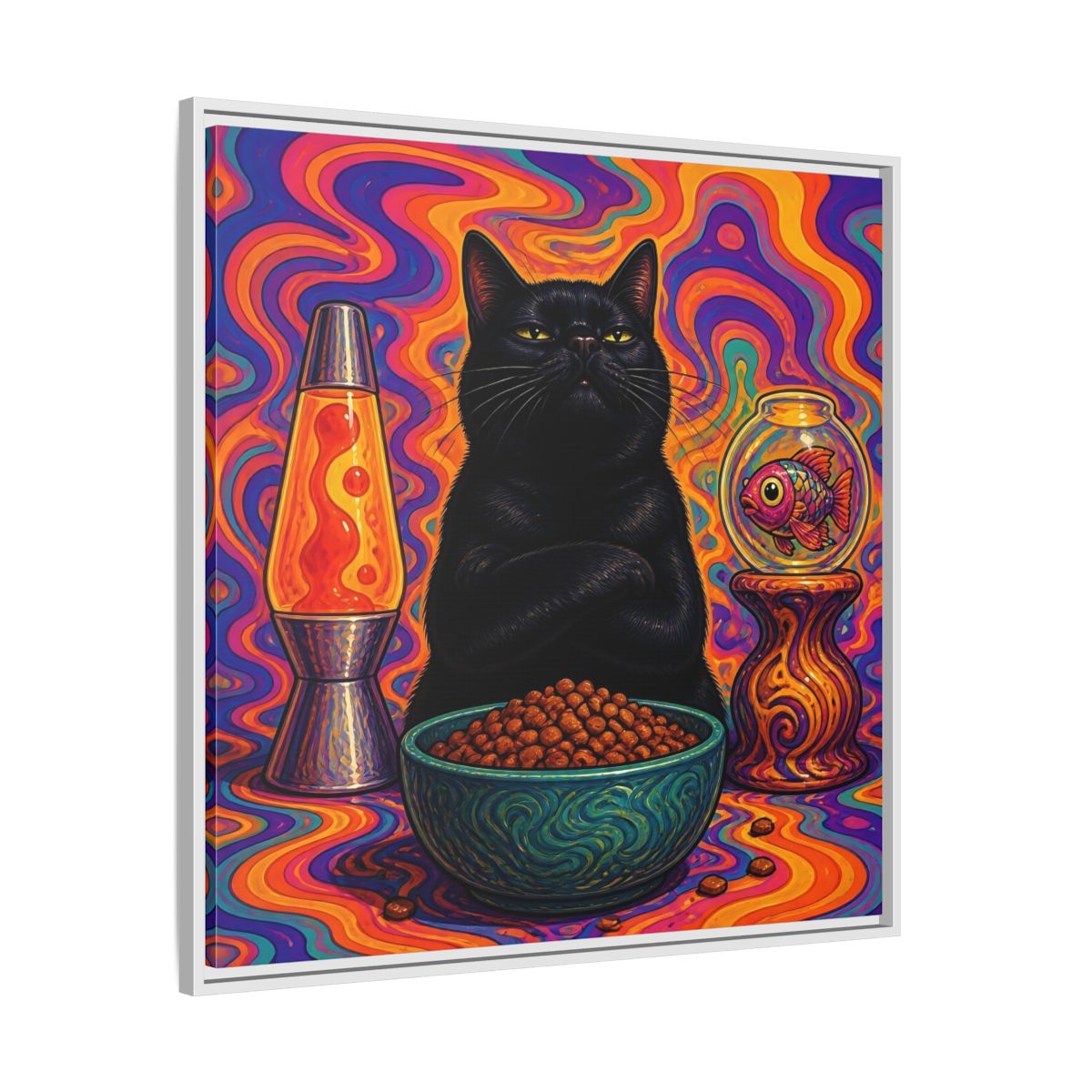Side Mockup 25. Psychedelic Black Cat shown as framed canvas print