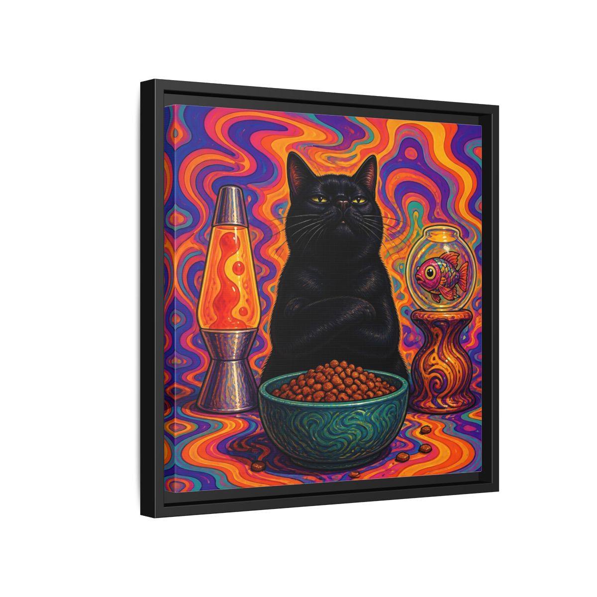 Side Mockup 15. Psychedelic Black Cat shown as framed canvas print