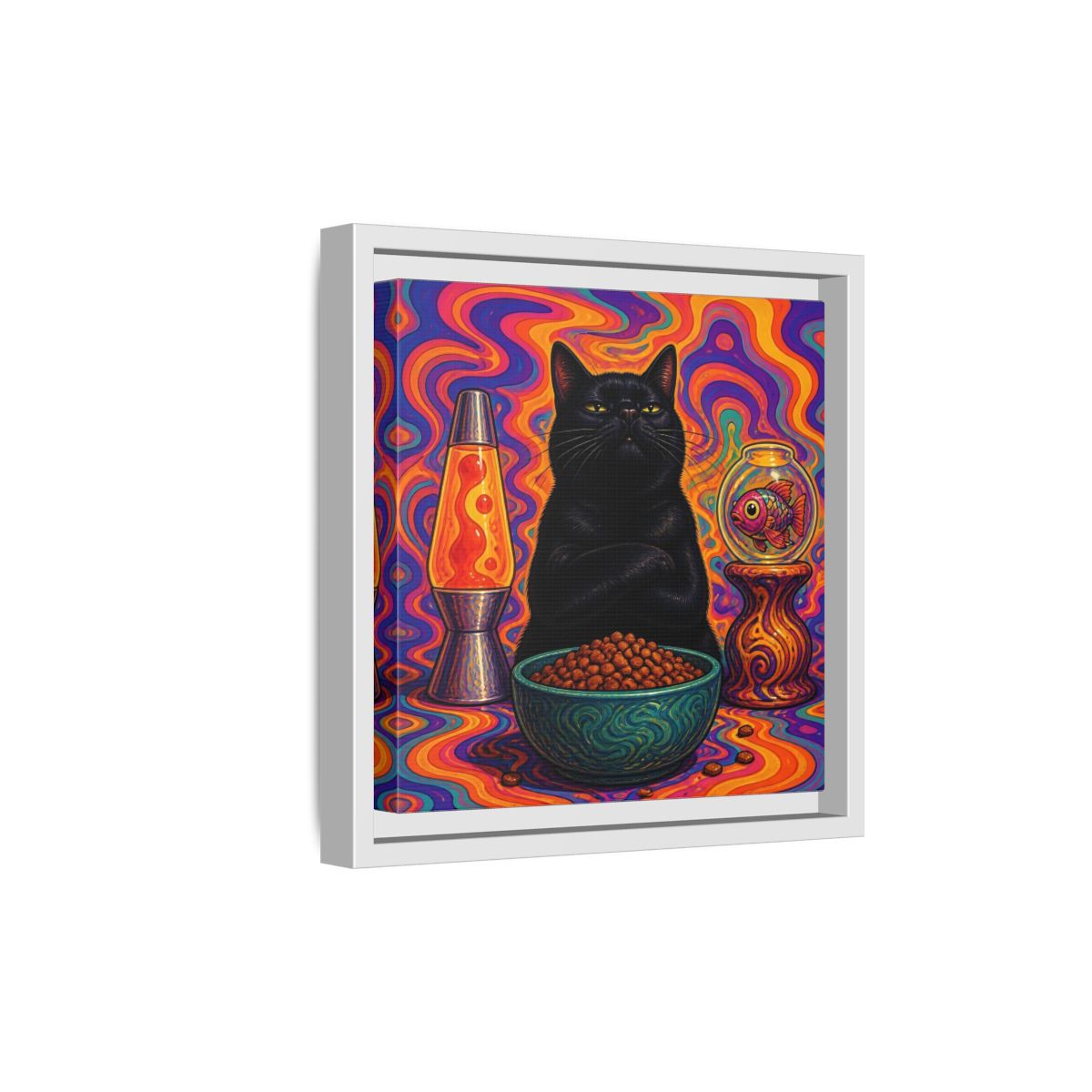 Side Mockup 19. Psychedelic Black Cat shown as framed canvas print
