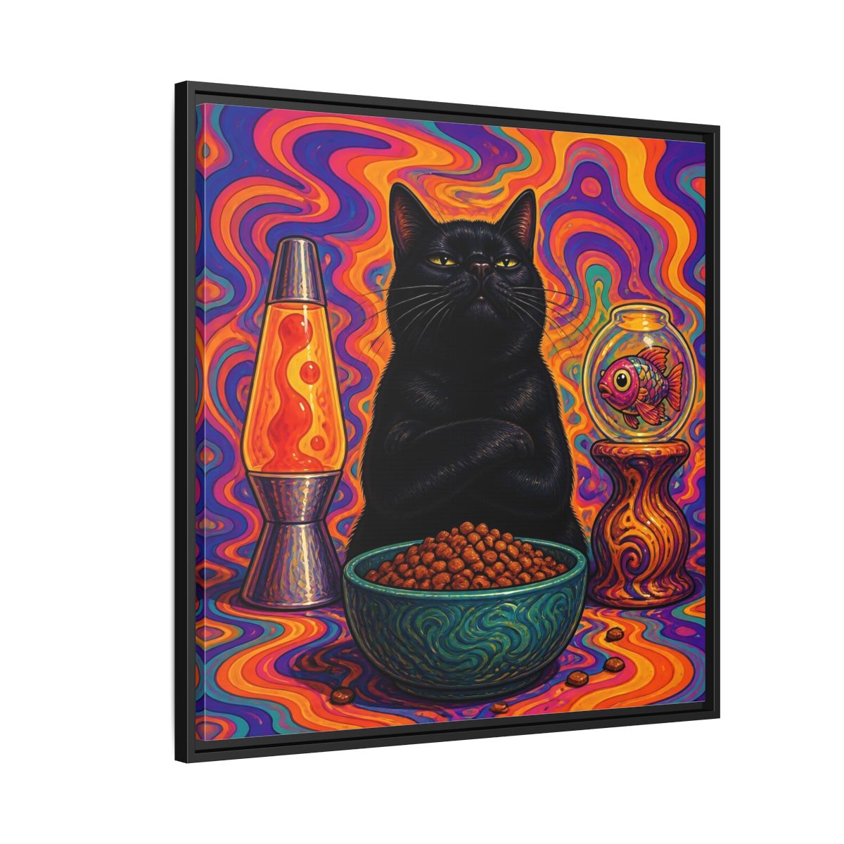 Side Mockup 9. Psychedelic Black Cat shown as framed canvas print