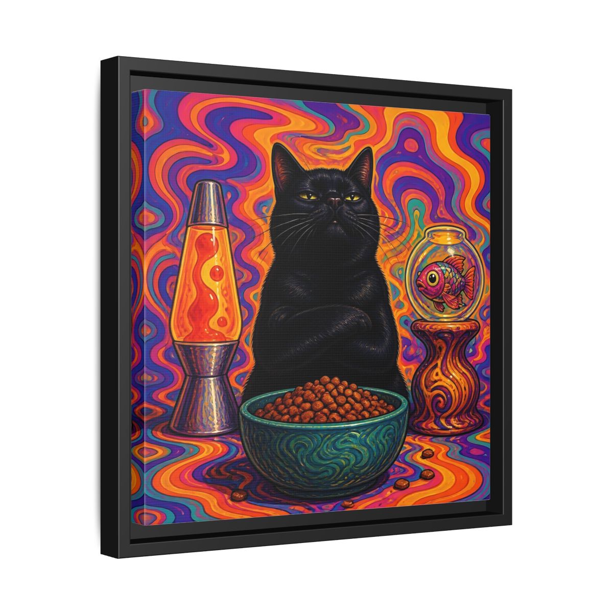 Side Mockup 32. Psychedelic Black Cat shown as framed canvas print