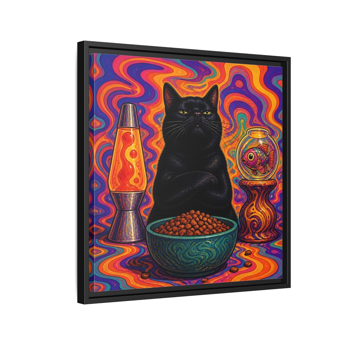 Side Mockup 12. Psychedelic Black Cat shown as framed canvas print