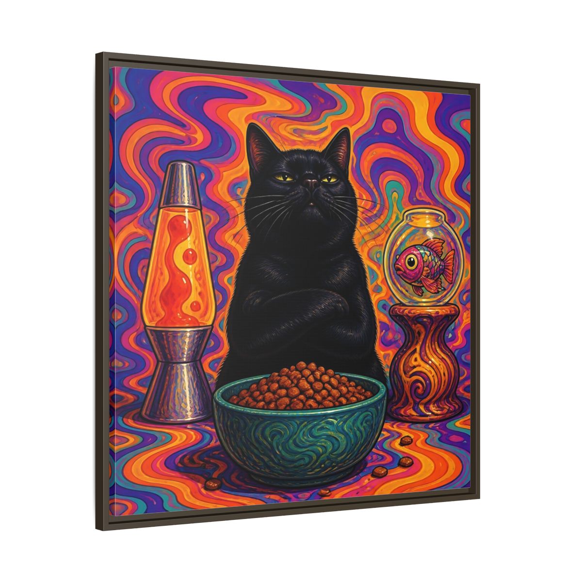 Main Mockup. Psychedelic Black Cat shown as framed canvas print