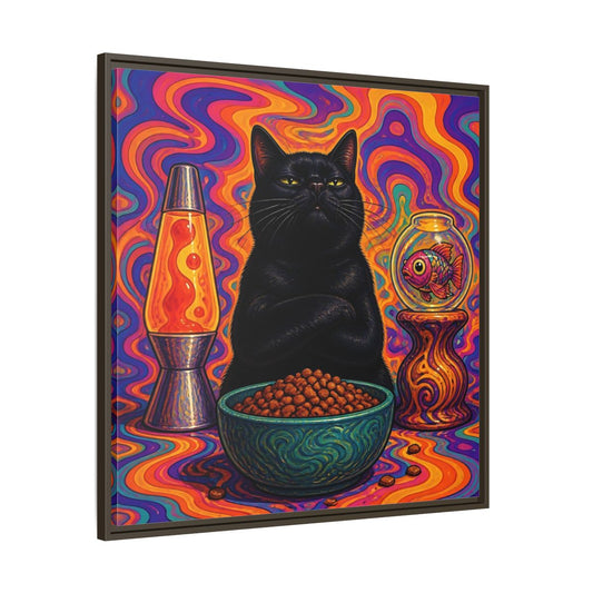 Main Mockup. Psychedelic Black Cat shown as framed canvas print