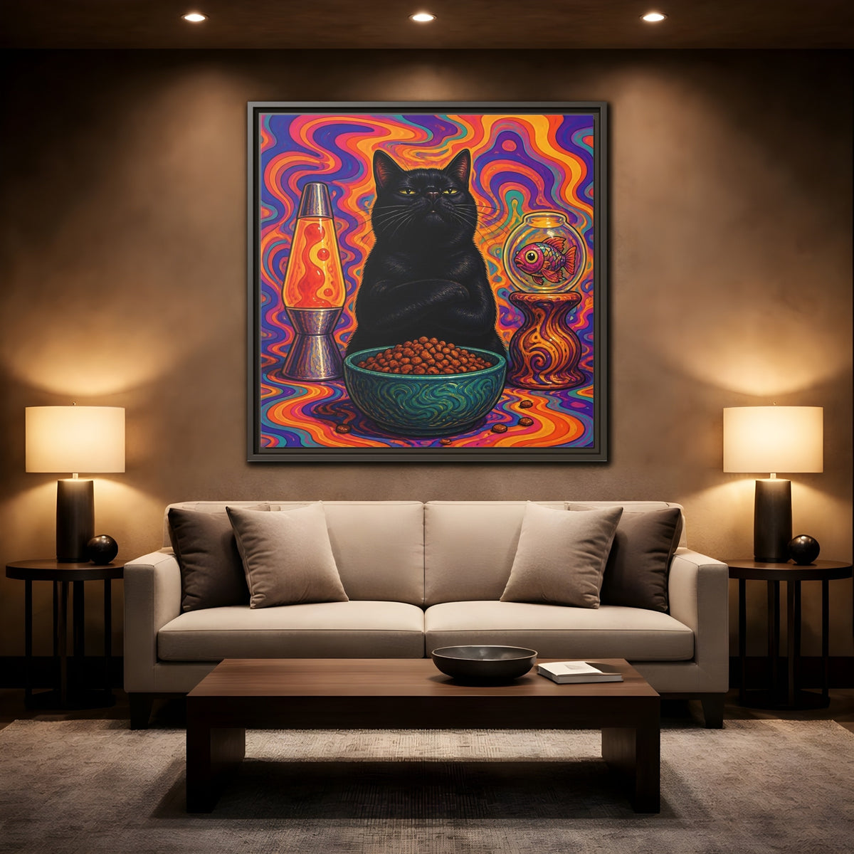 Mockup 2. Psychedelic Black Cat shown as framed canvas print