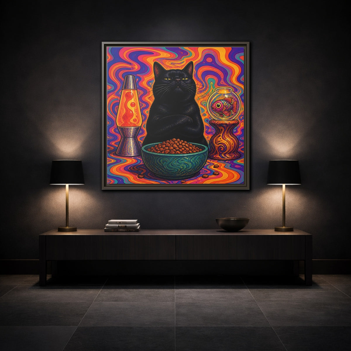 Mockup 3. Psychedelic Black Cat shown as framed canvas print