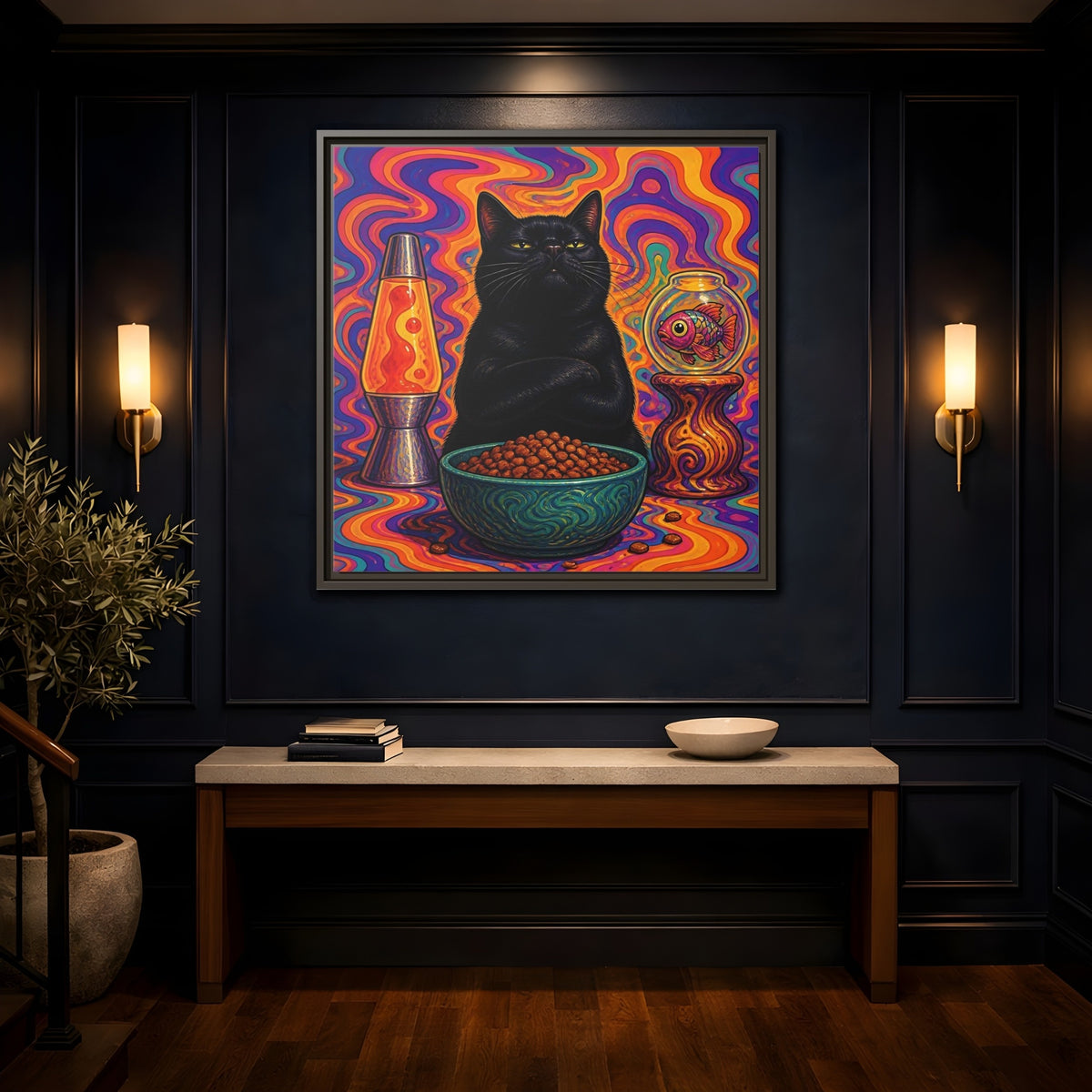 Mockup 4. Psychedelic Black Cat shown as framed canvas print