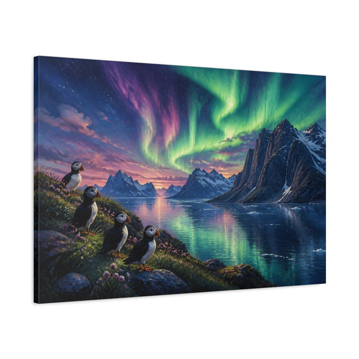 Main Mockup. Puffins Aurora Landscape shown as canvas print