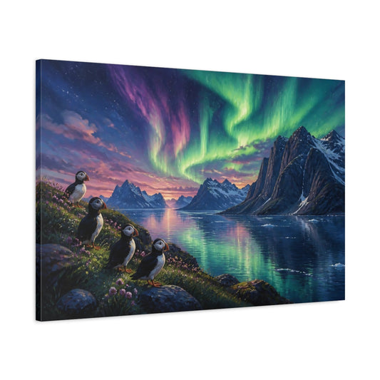 Main Mockup. Puffins Aurora Landscape shown as canvas print