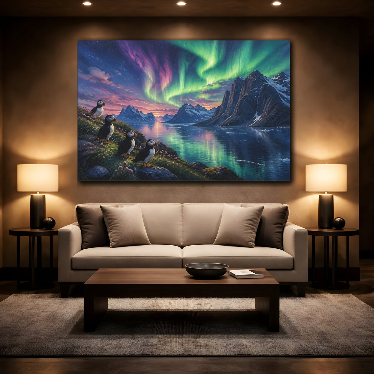 Mockup 2. Puffins Aurora Landscape shown as canvas print