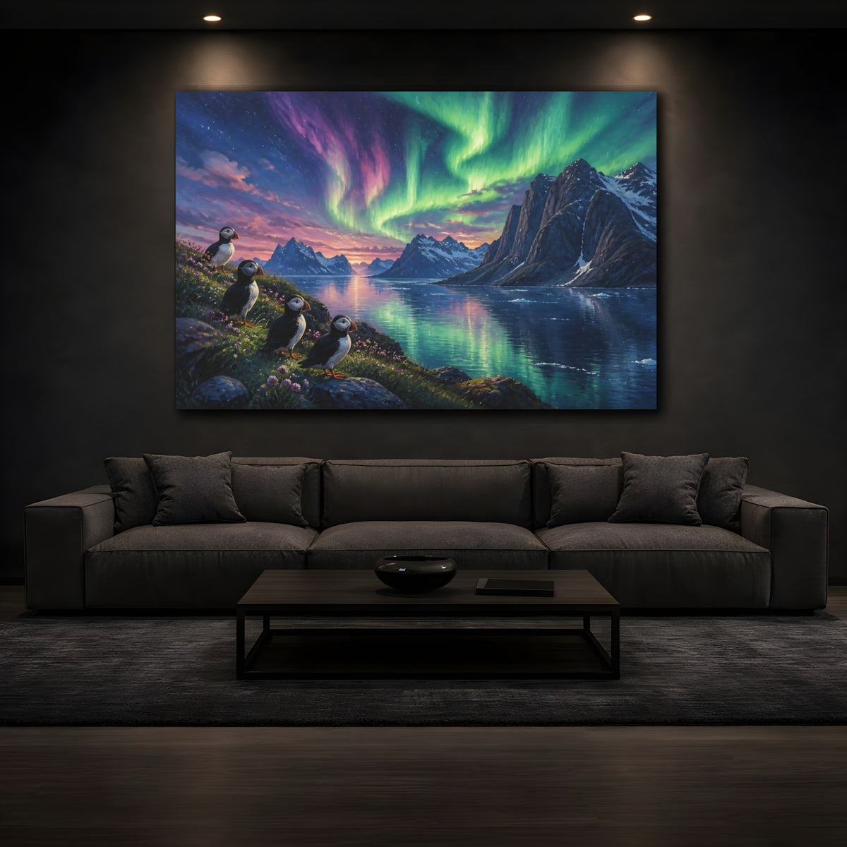 Mockup 3. Puffins Aurora Landscape shown as canvas print