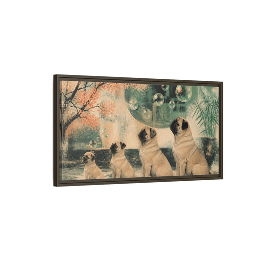 Main Mockup. Pug Pets And Bubbles shown as framed canvas print
