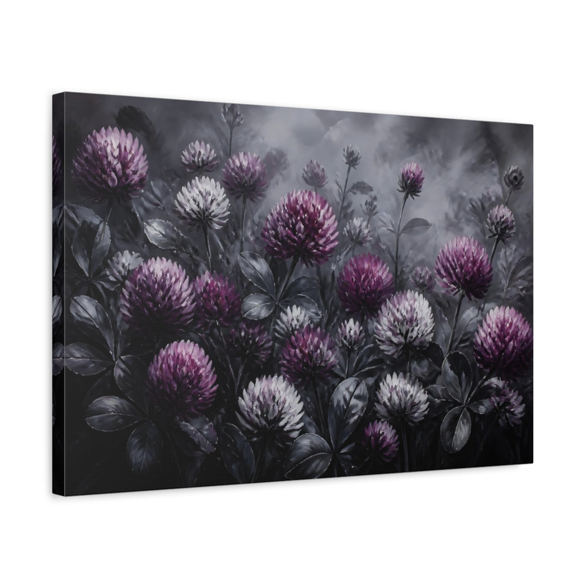 Side Mockup 3. Purple Clover Flowers shown as canvas print