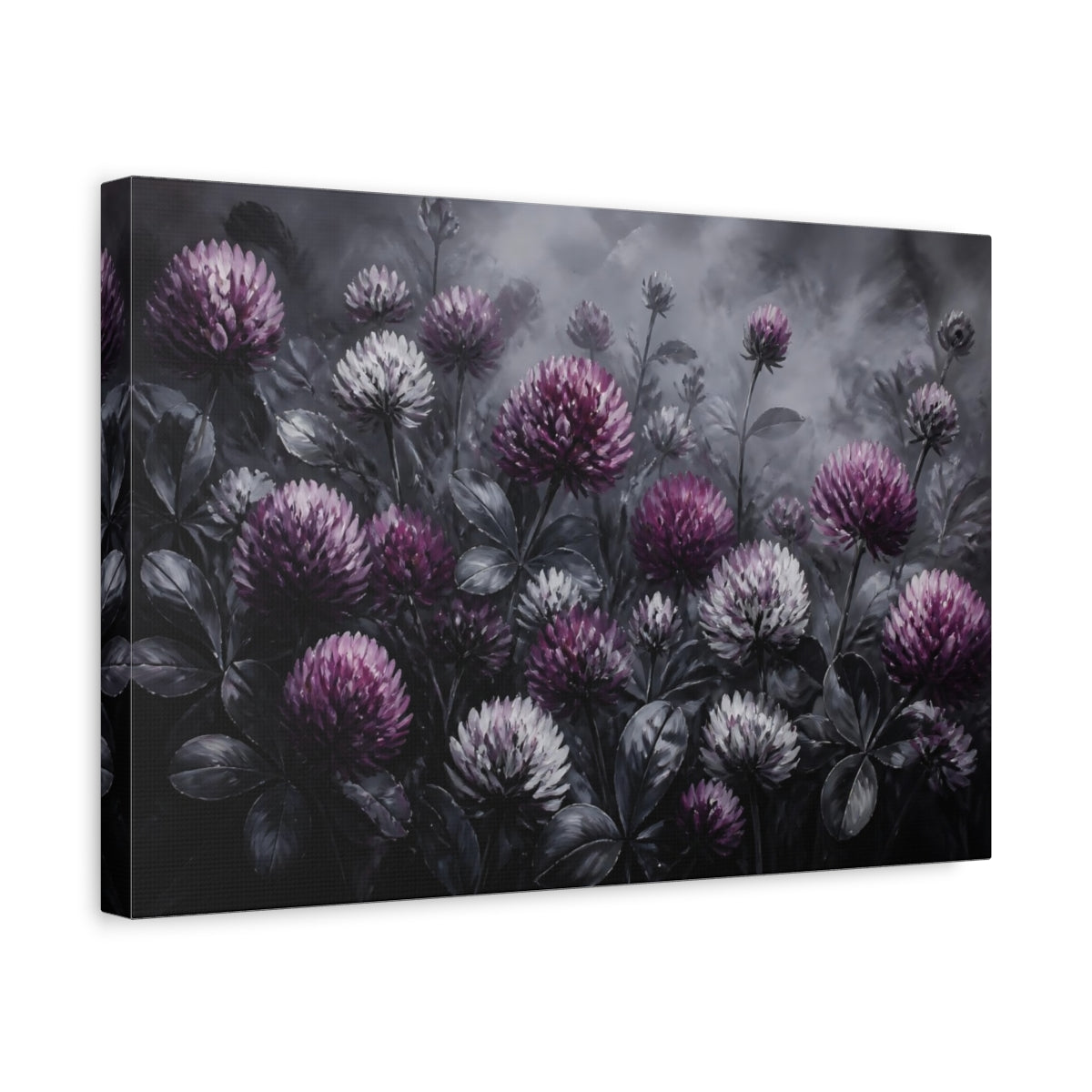 Side Mockup 4. Purple Clover Flowers shown as canvas print