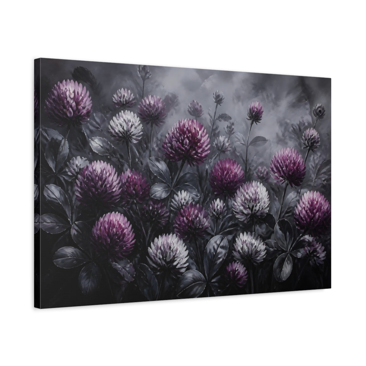 Side Mockup 2. Purple Clover Flowers shown as canvas print