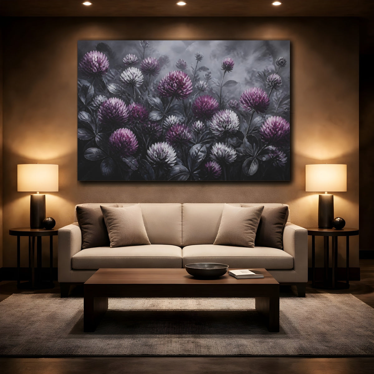 Mockup 2. Purple Clover Flowers shown as canvas print