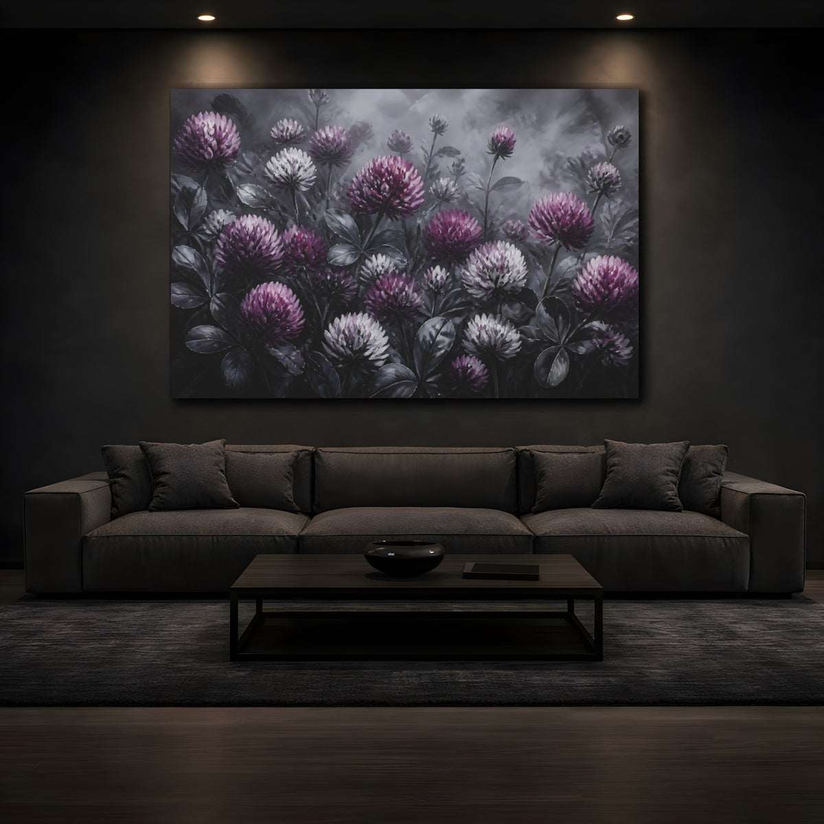 Mockup 3. Purple Clover Flowers shown as canvas print