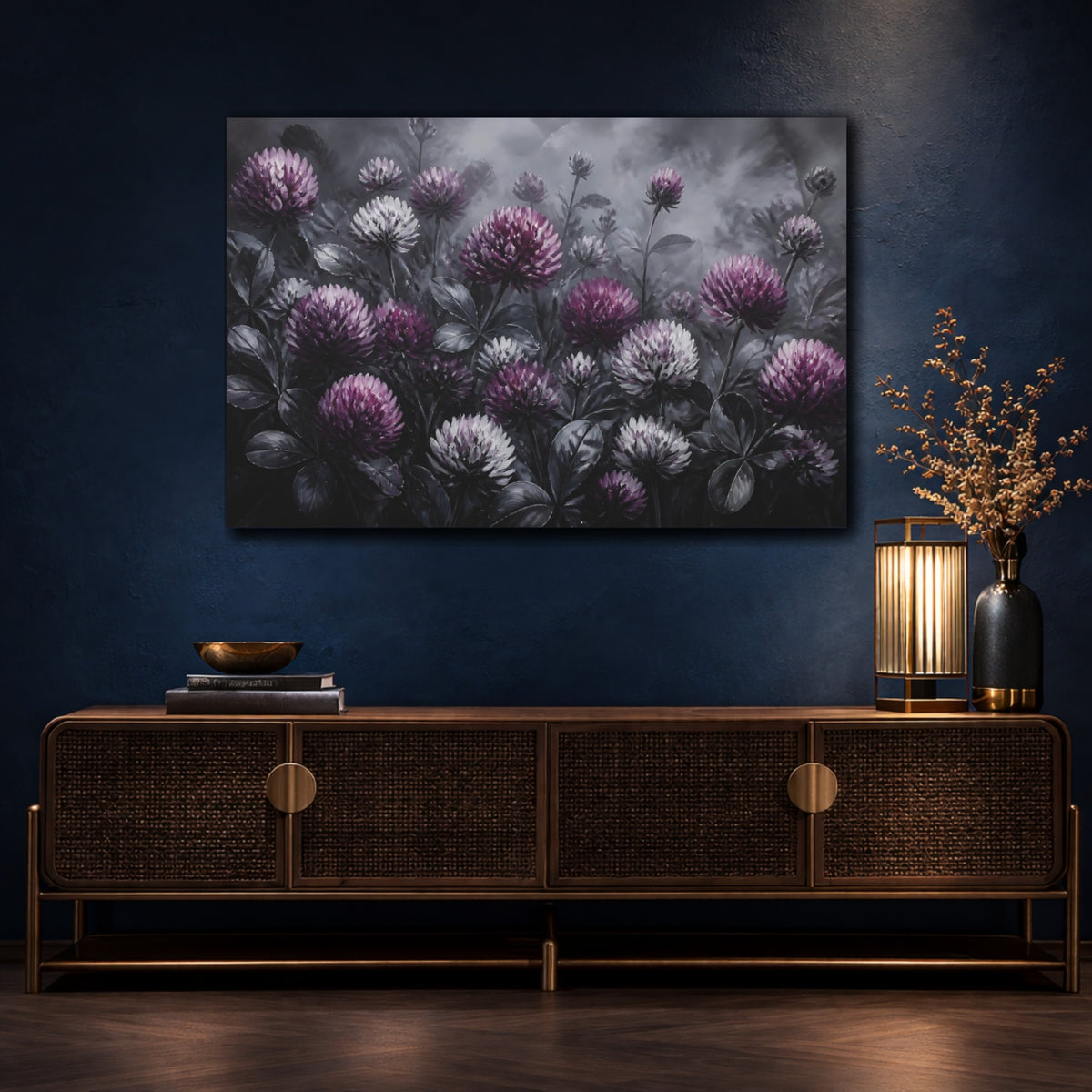 Mockup 4. Purple Clover Flowers shown as canvas print