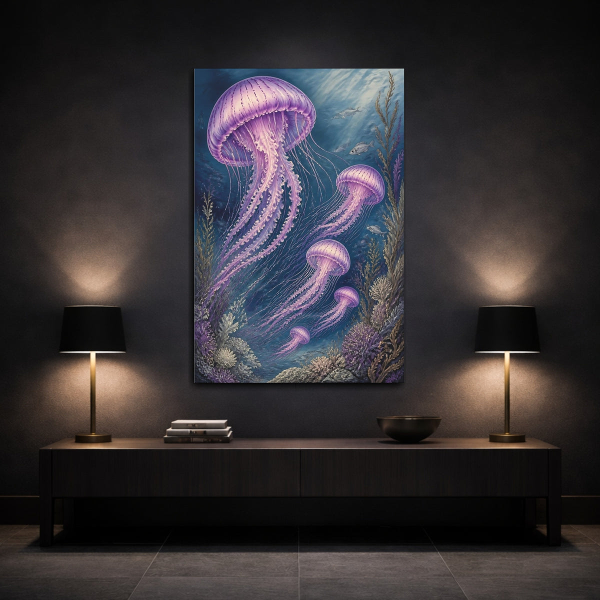 Mockup 3. Purple Jellyfish Animals shown as canvas print