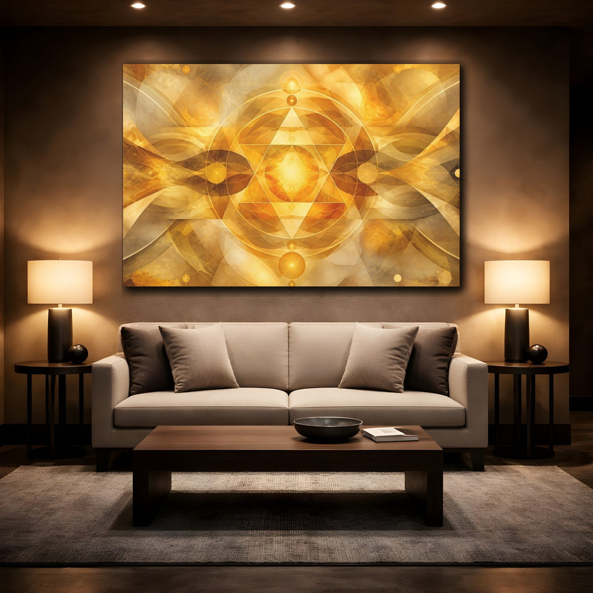 Mockup 2. Radiant Golden Geometry shown as canvas print