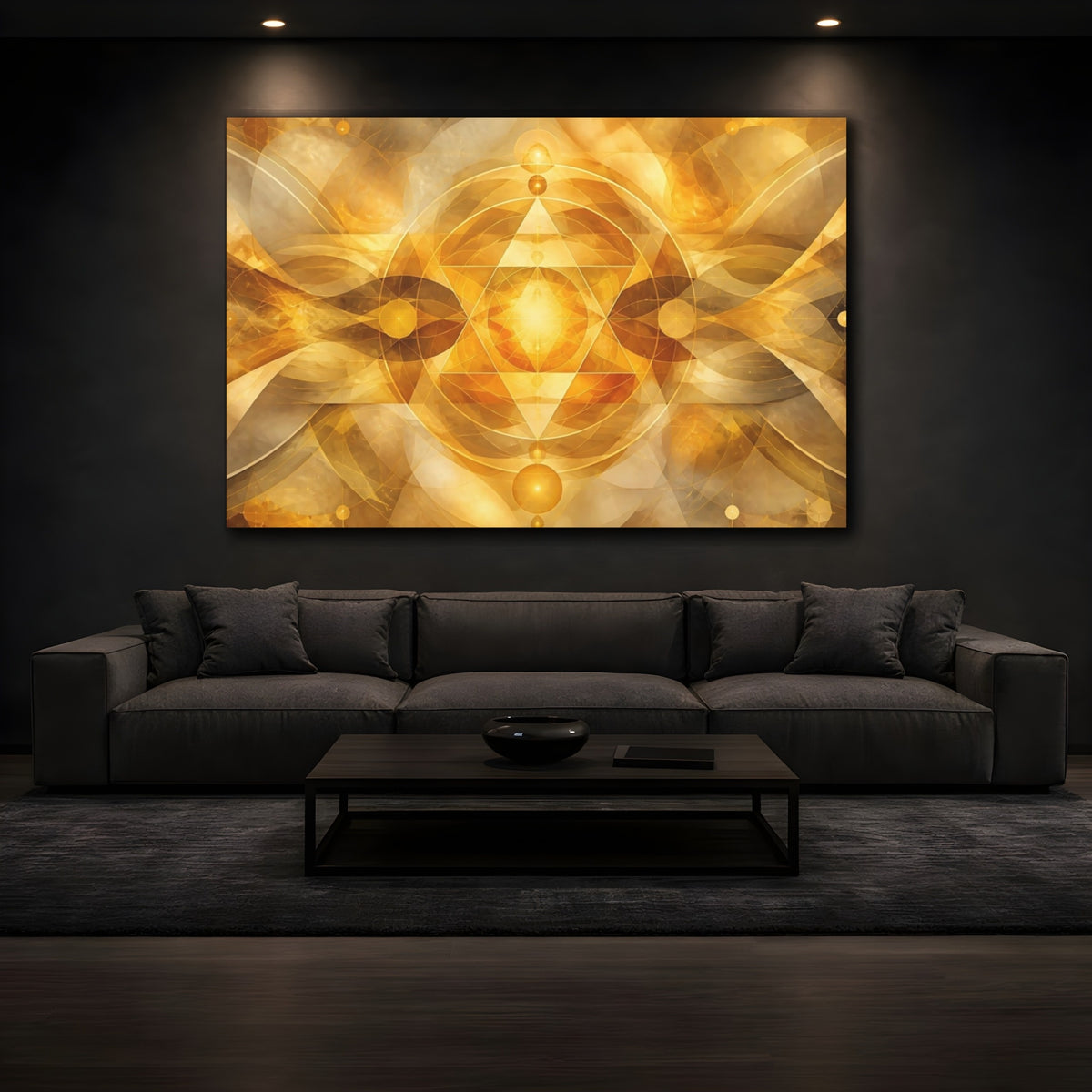 Mockup 3. Radiant Golden Geometry shown as canvas print