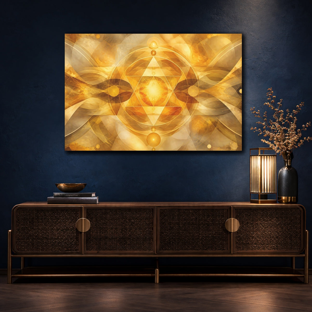 Mockup 4. Radiant Golden Geometry shown as canvas print