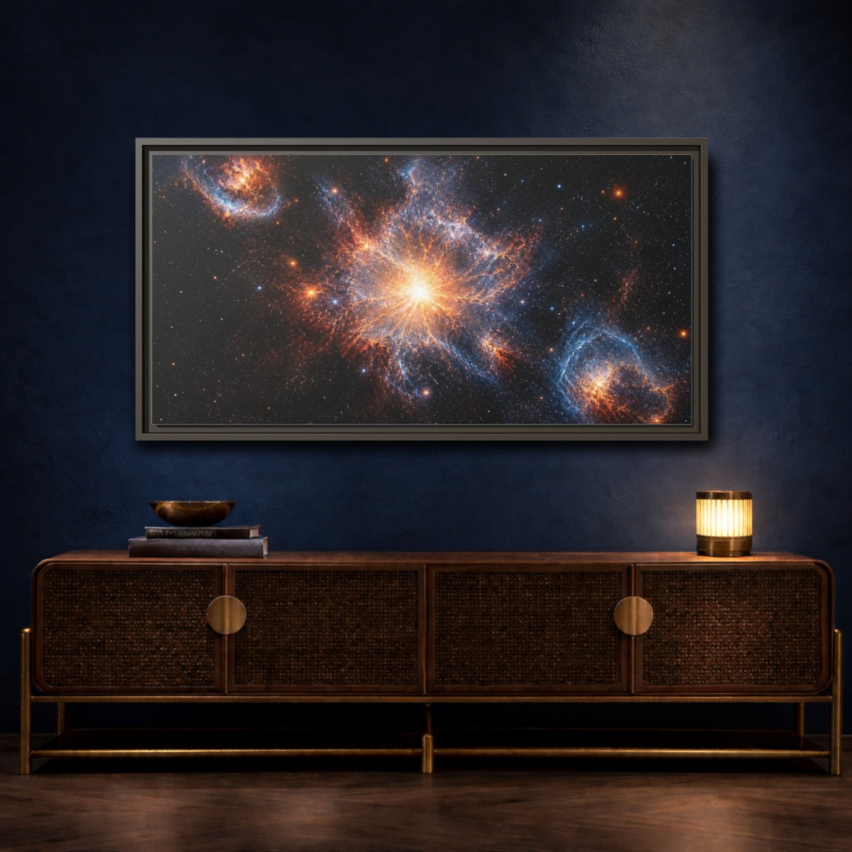 Mockup 4. Radiant Supernova Bloom shown as framed canvas print