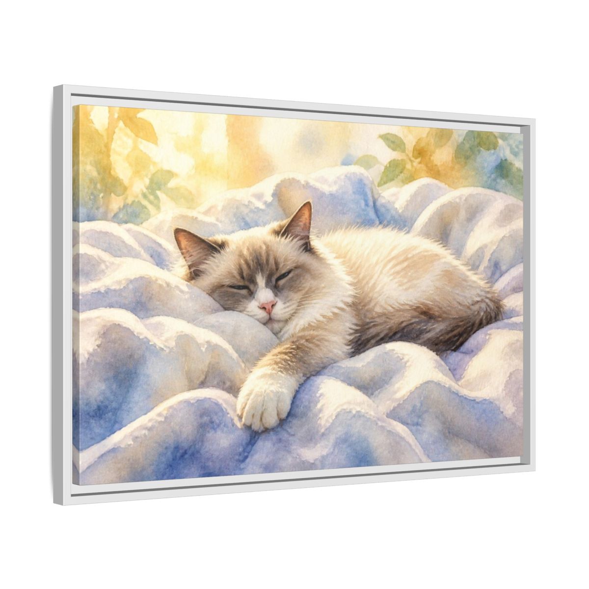 Side Mockup 10. Ragdoll Cat Pets Nap shown as framed canvas print