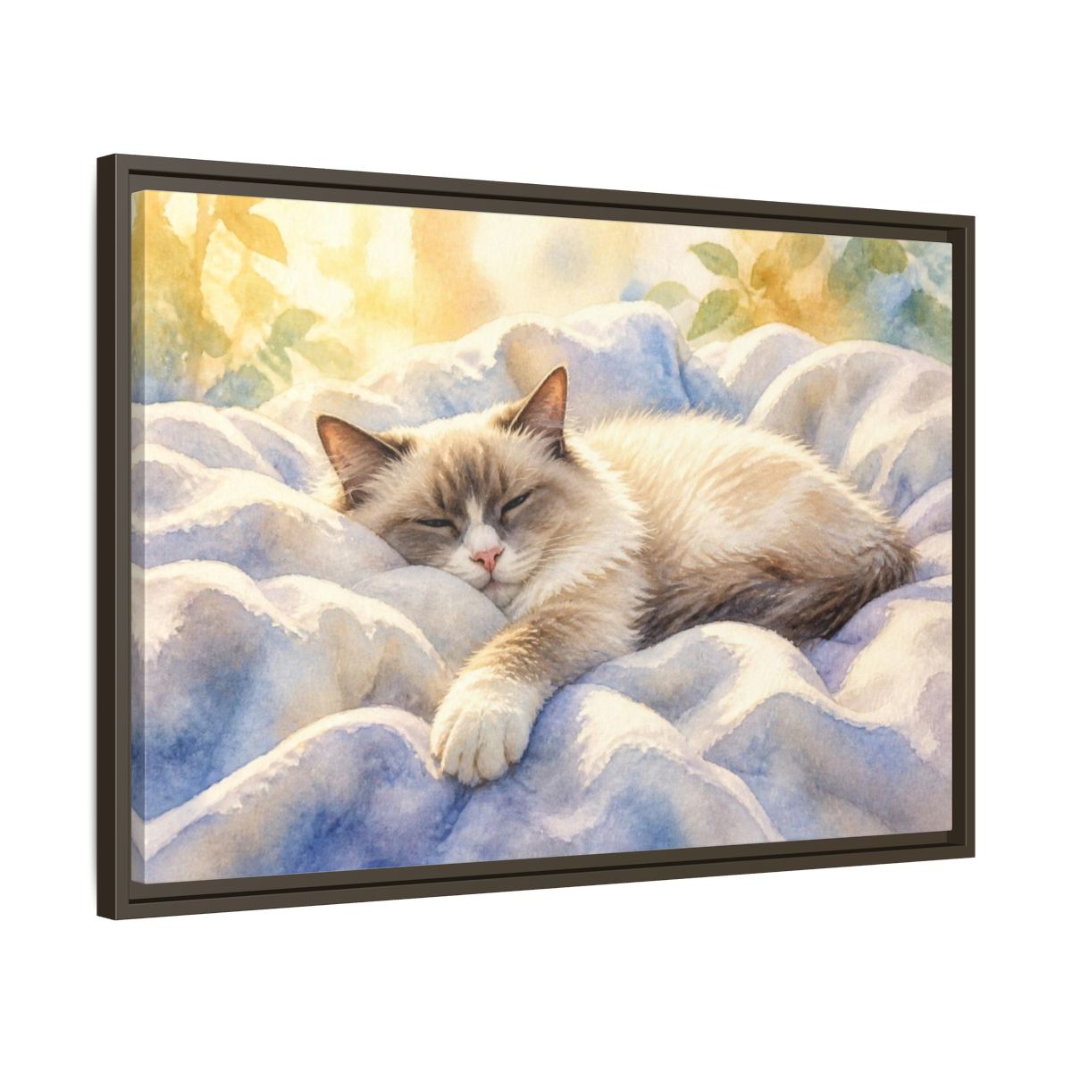Side Mockup 11. Ragdoll Cat Pets Nap shown as framed canvas print