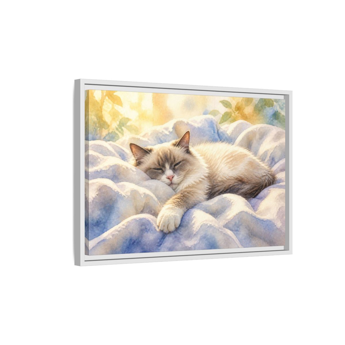 Side Mockup 1. Ragdoll Cat Pets Nap shown as framed canvas print