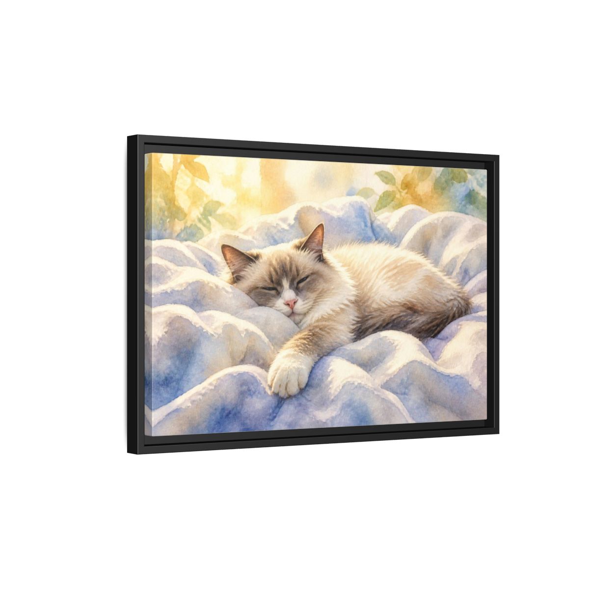 Side Mockup 3. Ragdoll Cat Pets Nap shown as framed canvas print