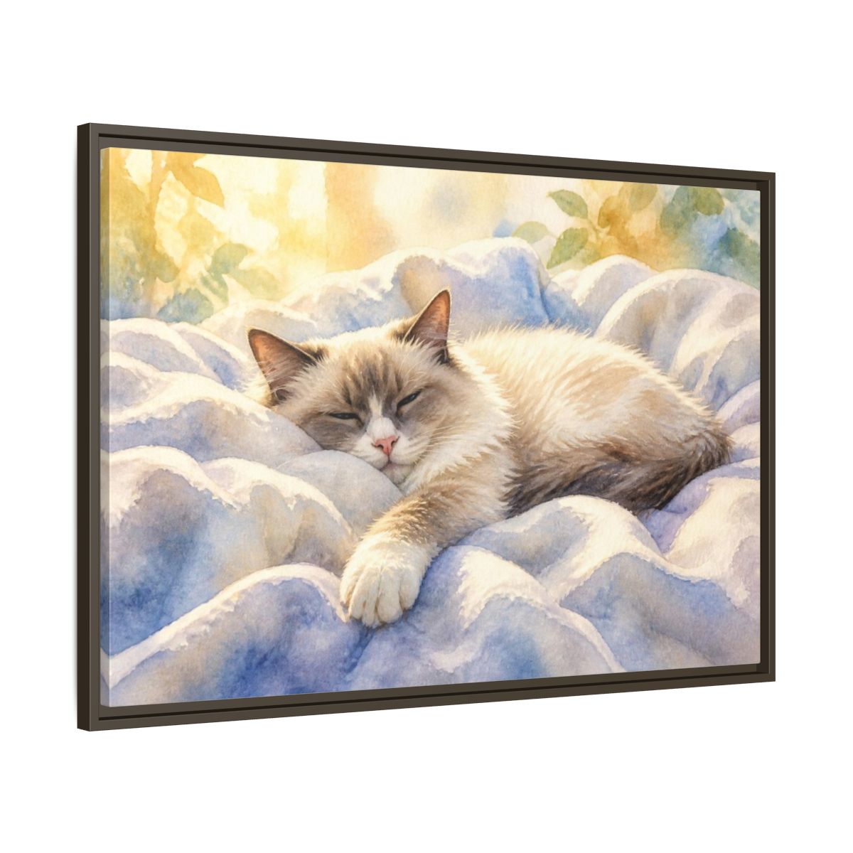 Main Mockup. Ragdoll Cat Pets Nap shown as framed canvas print