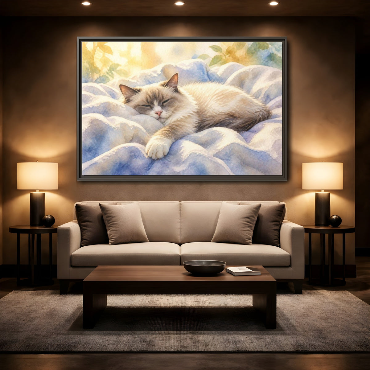 Mockup 2. Ragdoll Cat Pets Nap shown as framed canvas print